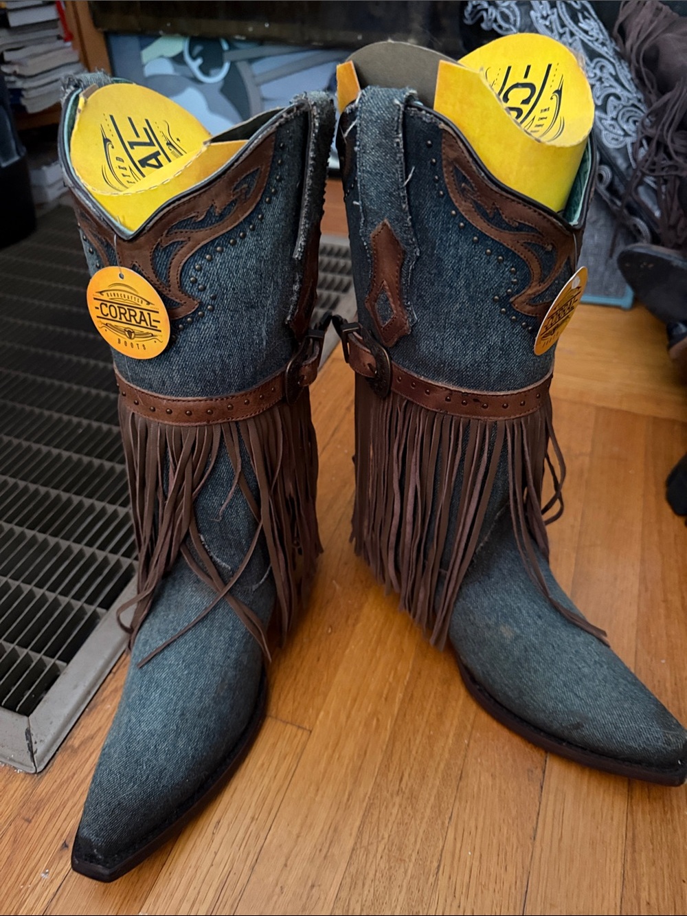 Corral Denim and Brown Fringe Western Boots